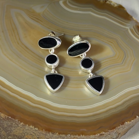 925 Sterling Silver Jewelry - Sterling Silver Three-Stone Black Onyx Drop Earrings